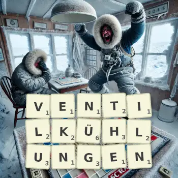 Kreative Illustration für ein Scrabble-Spiel, bei dem das Wort VENTILKÜHLUNGEN mit Steinen auf dem Brett gelegt wurde.