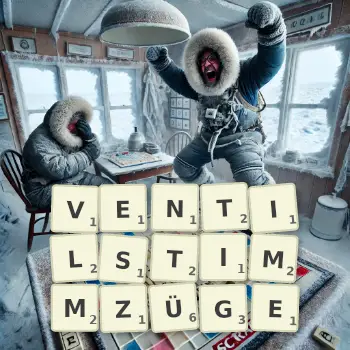 Kreative Illustration für ein Scrabble-Spiel, bei dem das Wort VENTILSTIMMZÜGE mit Steinen auf dem Brett gelegt wurde.