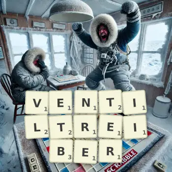 Kreative Illustration für ein Scrabble-Spiel, bei dem das Wort VENTILTREIBER mit Steinen auf dem Brett gelegt wurde.