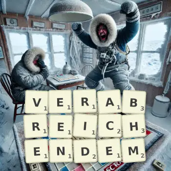 Kreative Illustration für ein Scrabble-Spiel, bei dem das Wort VERABREICHENDEM mit Steinen auf dem Brett gelegt wurde.