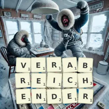 Kreative Illustration für ein Scrabble-Spiel, bei dem das Wort VERABREICHENDER mit Steinen auf dem Brett gelegt wurde.