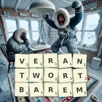 Kreative Illustration für ein Scrabble-Spiel, bei dem das Wort VERANTWORTBAREM mit Steinen auf dem Brett gelegt wurde.