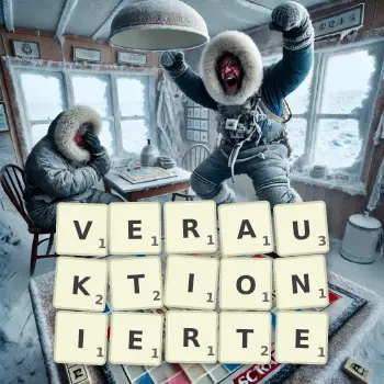 Kreative Illustration für ein Scrabble-Spiel, bei dem das Wort VERAUKTIONIERTE mit Steinen auf dem Brett gelegt wurde.
