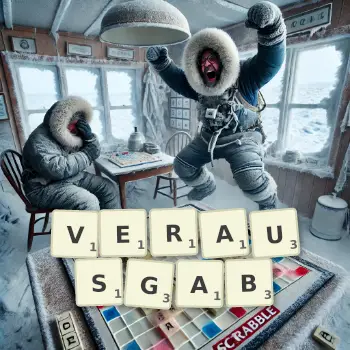 Kreative Illustration für ein Scrabble-Spiel, bei dem das Wort VERAUSGAB mit Steinen auf dem Brett gelegt wurde.