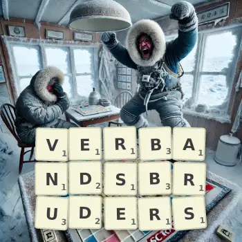 Kreative Illustration für ein Scrabble-Spiel, bei dem das Wort VERBANDSBRUDERS mit Steinen auf dem Brett gelegt wurde.