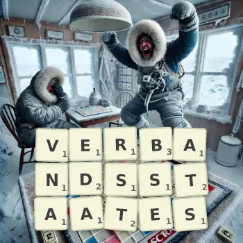Kreative Illustration für ein Scrabble-Spiel, bei dem das Wort VERBANDSSTAATES mit Steinen auf dem Brett gelegt wurde.