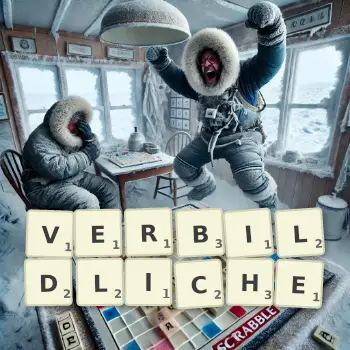 Kreative Illustration für ein Scrabble-Spiel, bei dem das Wort VERBILDLICHE mit Steinen auf dem Brett gelegt wurde.