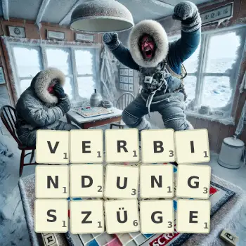 Kreative Illustration für ein Scrabble-Spiel, bei dem das Wort VERBINDUNGSZÜGE mit Steinen auf dem Brett gelegt wurde.