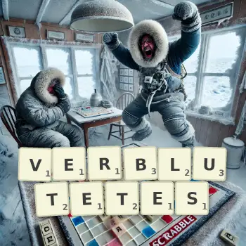 Kreative Illustration für ein Scrabble-Spiel, bei dem das Wort VERBLUTETES mit Steinen auf dem Brett gelegt wurde.