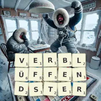 Kreative Illustration für ein Scrabble-Spiel, bei dem das Wort VERBLÜFFENDSTER mit Steinen auf dem Brett gelegt wurde.