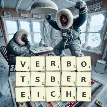 Kreative Illustration für ein Scrabble-Spiel, bei dem das Wort VERBOTSBEREICHE mit Steinen auf dem Brett gelegt wurde.