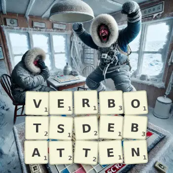 Kreative Illustration für ein Scrabble-Spiel, bei dem das Wort VERBOTSDEBATTEN mit Steinen auf dem Brett gelegt wurde.