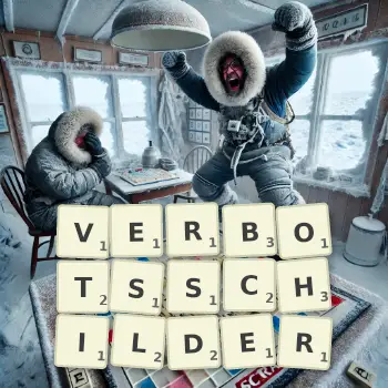 Kreative Illustration für ein Scrabble-Spiel, bei dem das Wort VERBOTSSCHILDER mit Steinen auf dem Brett gelegt wurde.