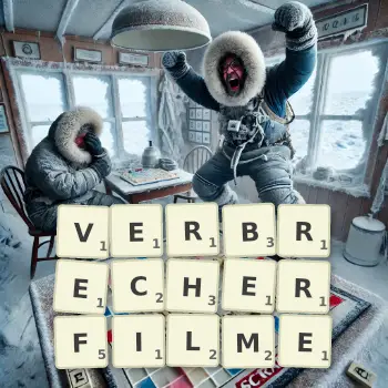 Kreative Illustration für ein Scrabble-Spiel, bei dem das Wort VERBRECHERFILME mit Steinen auf dem Brett gelegt wurde.