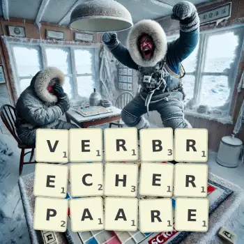 Kreative Illustration für ein Scrabble-Spiel, bei dem das Wort VERBRECHERPAARE mit Steinen auf dem Brett gelegt wurde.