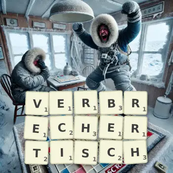 Kreative Illustration für ein Scrabble-Spiel, bei dem das Wort VERBRECHERTISCH mit Steinen auf dem Brett gelegt wurde.