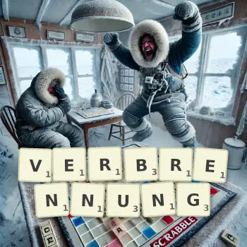 Kreative Illustration für ein Scrabble-Spiel, bei dem das Wort VERBRENNUNG mit Steinen auf dem Brett gelegt wurde.