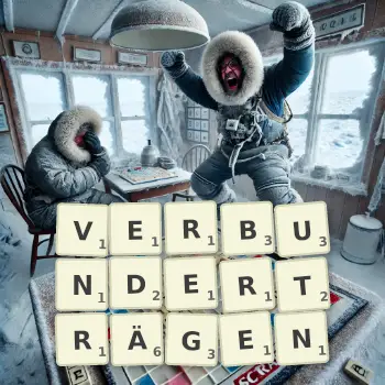Kreative Illustration für ein Scrabble-Spiel, bei dem das Wort VERBUNDERTRÄGEN mit Steinen auf dem Brett gelegt wurde.