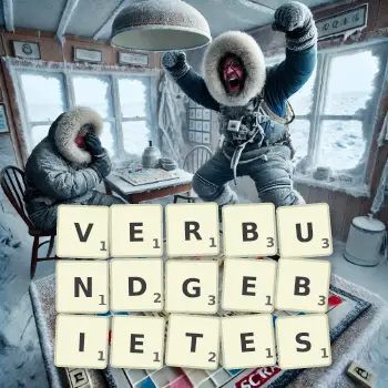 Kreative Illustration für ein Scrabble-Spiel, bei dem das Wort VERBUNDGEBIETES mit Steinen auf dem Brett gelegt wurde.