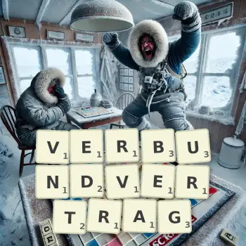 Kreative Illustration für ein Scrabble-Spiel, bei dem das Wort VERBUNDVERTRAG mit Steinen auf dem Brett gelegt wurde.