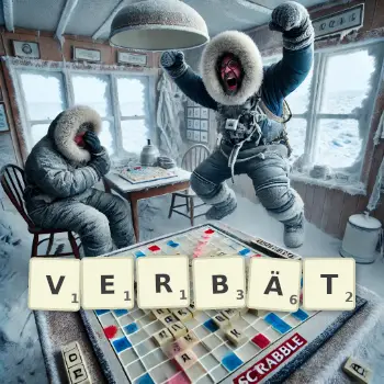 Kreative Illustration für ein Scrabble-Spiel, bei dem das Wort VERBÄT mit Steinen auf dem Brett gelegt wurde.