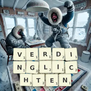 Kreative Illustration für ein Scrabble-Spiel, bei dem das Wort VERDINGLICHTEN mit Steinen auf dem Brett gelegt wurde.