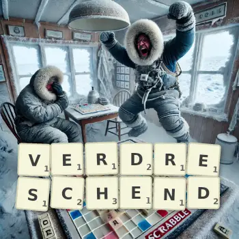 Kreative Illustration für ein Scrabble-Spiel, bei dem das Wort VERDRESCHEND mit Steinen auf dem Brett gelegt wurde.