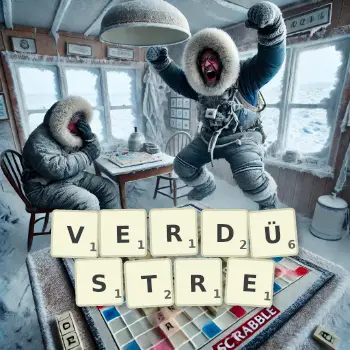 Kreative Illustration für ein Scrabble-Spiel, bei dem das Wort VERDÜSTRE mit Steinen auf dem Brett gelegt wurde.