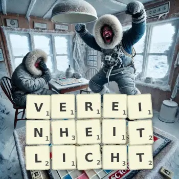 Kreative Illustration für ein Scrabble-Spiel, bei dem das Wort VEREINHEITLICHT mit Steinen auf dem Brett gelegt wurde.