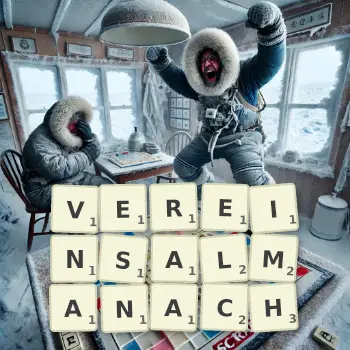 Kreative Illustration für ein Scrabble-Spiel, bei dem das Wort VEREINSALMANACH mit Steinen auf dem Brett gelegt wurde.