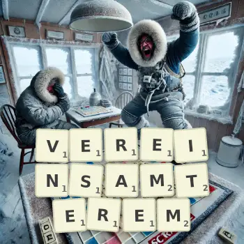 Kreative Illustration für ein Scrabble-Spiel, bei dem das Wort VEREINSAMTEREM mit Steinen auf dem Brett gelegt wurde.