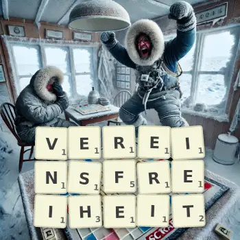 Kreative Illustration für ein Scrabble-Spiel, bei dem das Wort VEREINSFREIHEIT mit Steinen auf dem Brett gelegt wurde.