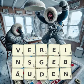 Kreative Illustration für ein Scrabble-Spiel, bei dem das Wort VEREINSGEBÄUDEN mit Steinen auf dem Brett gelegt wurde.