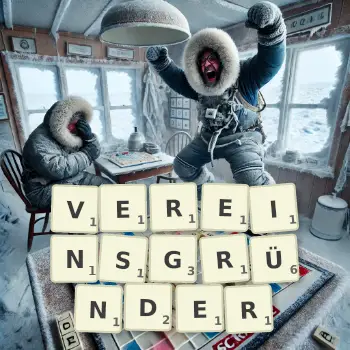 Kreative Illustration für ein Scrabble-Spiel, bei dem das Wort VEREINSGRÜNDER mit Steinen auf dem Brett gelegt wurde.