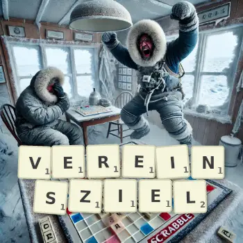 Kreative Illustration für ein Scrabble-Spiel, bei dem das Wort VEREINSZIEL mit Steinen auf dem Brett gelegt wurde.