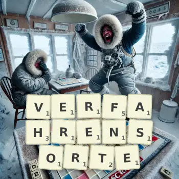 Kreative Illustration für ein Scrabble-Spiel, bei dem das Wort VERFAHRENSORTE mit Steinen auf dem Brett gelegt wurde.