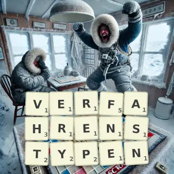 Kreative Illustration für ein Scrabble-Spiel, bei dem das Wort VERFAHRENSTYPEN mit Steinen auf dem Brett gelegt wurde.