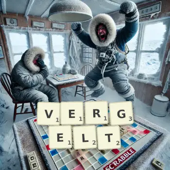 Kreative Illustration für ein Scrabble-Spiel, bei dem das Wort VERGELT mit Steinen auf dem Brett gelegt wurde.