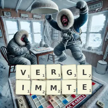 Kreative Illustration für ein Scrabble-Spiel, bei dem das Wort VERGLIMMTE mit Steinen auf dem Brett gelegt wurde.