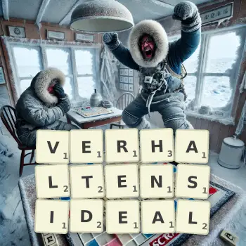 Kreative Illustration für ein Scrabble-Spiel, bei dem das Wort VERHALTENSIDEAL mit Steinen auf dem Brett gelegt wurde.