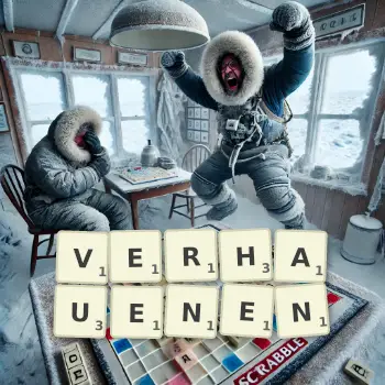Kreative Illustration für ein Scrabble-Spiel, bei dem das Wort VERHAUENEN mit Steinen auf dem Brett gelegt wurde.
