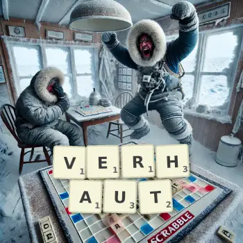 Kreative Illustration für ein Scrabble-Spiel, bei dem das Wort VERHAUT mit Steinen auf dem Brett gelegt wurde.