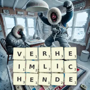 Kreative Illustration für ein Scrabble-Spiel, bei dem das Wort VERHEIMLICHENDE mit Steinen auf dem Brett gelegt wurde.