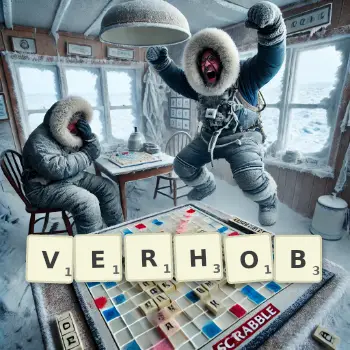 Kreative Illustration für ein Scrabble-Spiel, bei dem das Wort VERHOB mit Steinen auf dem Brett gelegt wurde.
