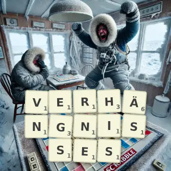 Kreative Illustration für ein Scrabble-Spiel, bei dem das Wort VERHÄNGNISSES mit Steinen auf dem Brett gelegt wurde.