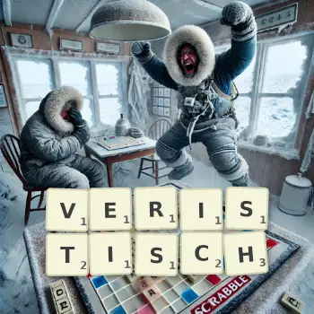 Kreative Illustration für ein Scrabble-Spiel, bei dem das Wort VERISTISCH mit Steinen auf dem Brett gelegt wurde.