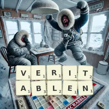 Kreative Illustration für ein Scrabble-Spiel, bei dem das Wort VERITABLEN mit Steinen auf dem Brett gelegt wurde.