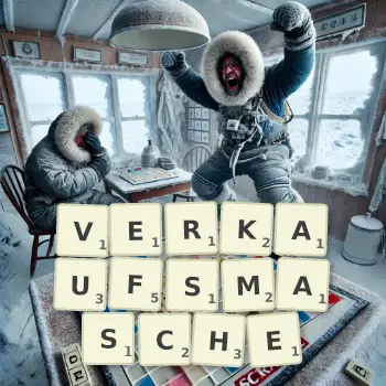 Kreative Illustration für ein Scrabble-Spiel, bei dem das Wort VERKAUFSMASCHE mit Steinen auf dem Brett gelegt wurde.