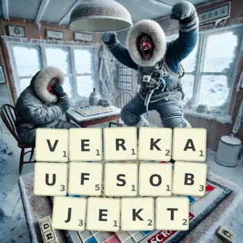 Kreative Illustration für ein Scrabble-Spiel, bei dem das Wort VERKAUFSOBJEKT mit Steinen auf dem Brett gelegt wurde.