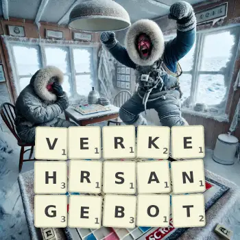 Kreative Illustration für ein Scrabble-Spiel, bei dem das Wort VERKEHRSANGEBOT mit Steinen auf dem Brett gelegt wurde.